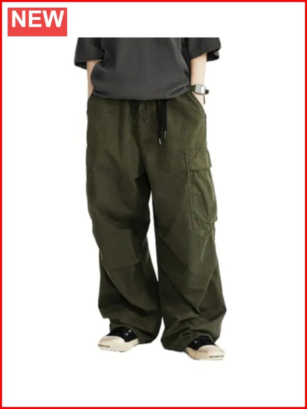 Mens Baggy Cargo Pants Elastic Waist Multi Pockets Streetwear